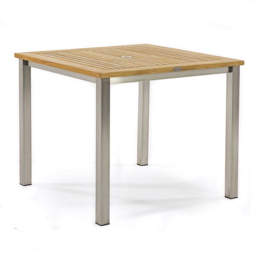 25190 Vogue teak and stainless steel Bistro 36 inch Square Table angled on white background