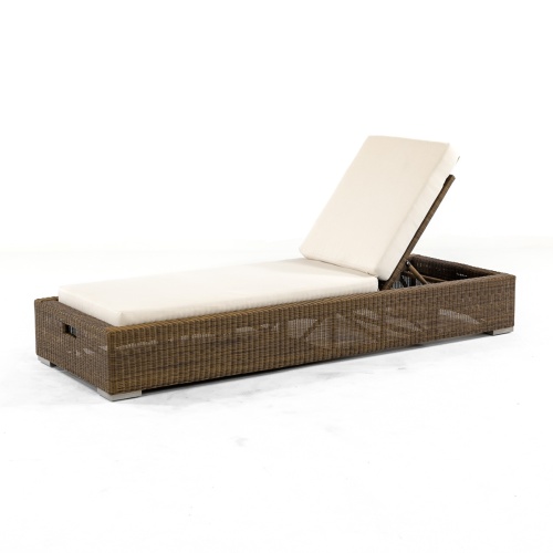 30002dp Malaga synthetic wicker chaise lounger with cushions back positioned upright left angled on white background