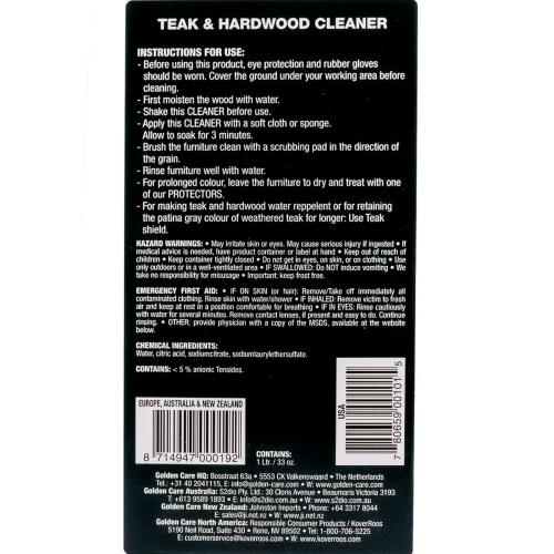 image of label instructions on back of the Golden care teak Cleaner bottle