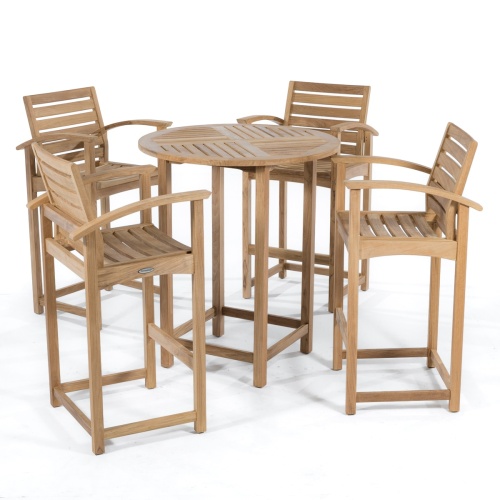 70013 Somerset teak 5 piece Bar Table Set of 4 bar stools and 36 inch round bar table side view on white background