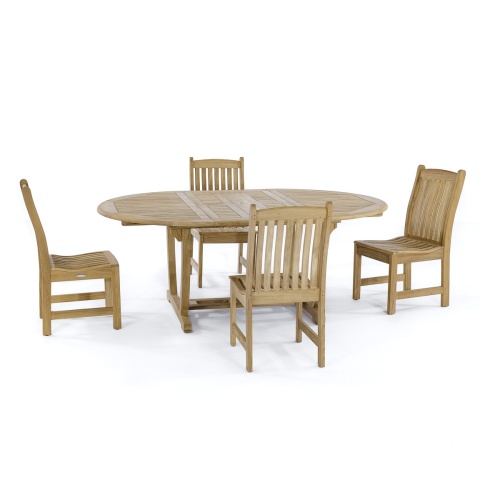 70031 Martinique Veranda 5 piece Dining Set of 4 teak dining side chairs and teak extendable oval dining table angled side view on white background