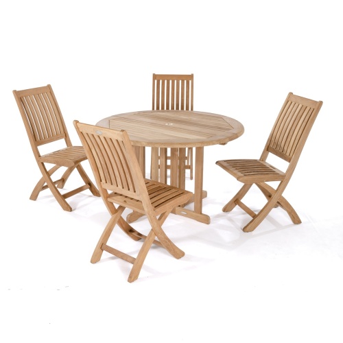 70036 Barbuda teak 5 piece round Dining Set of 4 folding chairs and 48 inch folding dining table angled on white background