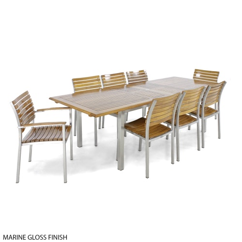 70055 Vogue 11 piece teak and 304 stainless steel rectangle dining set with marine gloss finish angled on white background