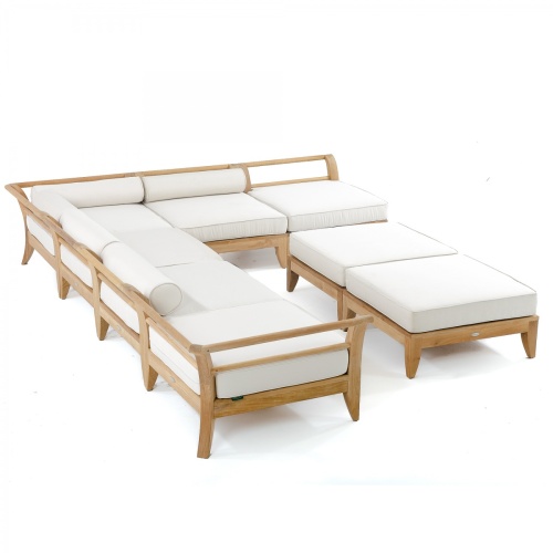 70101 aman dais eight piece teak daybed set showing two corner four end two ottomans with cushions aerial angled on white background