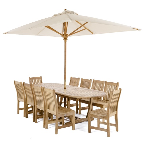 70166 Montserrat 11 piece teak oval Dining Set of 10 side chairs and oval teak dining table angled showing optional open rectangular market umbrella on white background