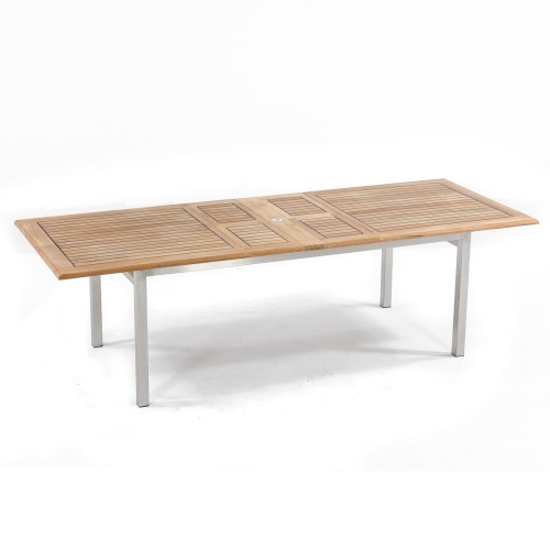  70176 Vogue stainless steel and teak rectangular dining table side angled on white background