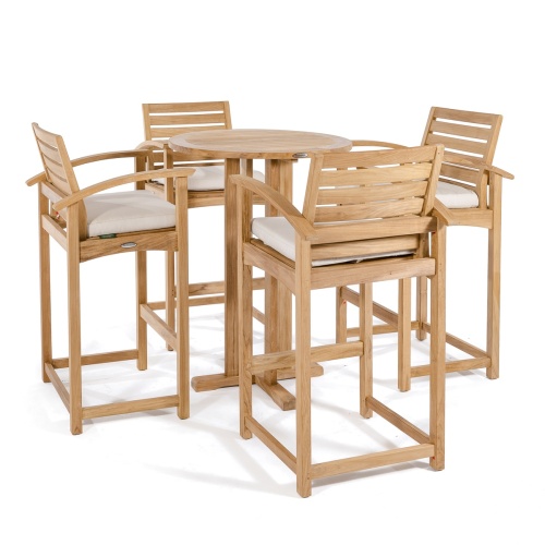 70249 Somerset 5 piece Bistro Bar Set of 4 teak barstools with optional cushions and a round 30 inch diameter bar table angled on a white background