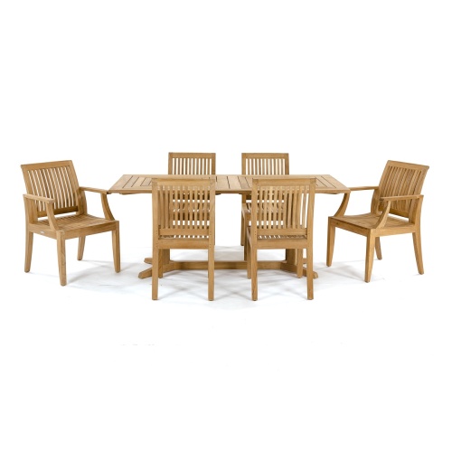 70293 Pyramid 7 piece teak Dining Set side view of 2 teak armchairs 4 side chairs and 5 foot rectangular teak dining table on white background