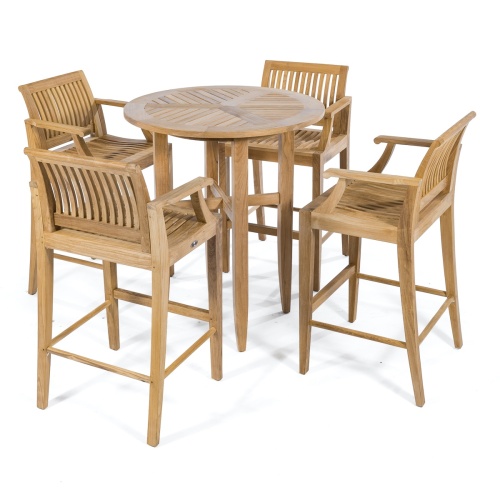 70294 Laguna 5 piece teak Round Bar 36 inch diameter Table Set showing with optional seat cushions on a white background