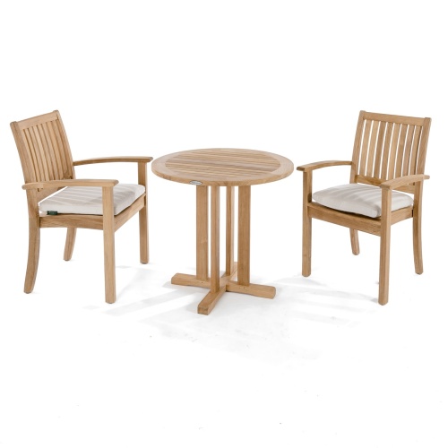 70296 Sussex 3 piece Teak Bistro Set of 2 teak dining armchairs with optional seat cushions and round 30 inch diameter dining table  side angled on white background