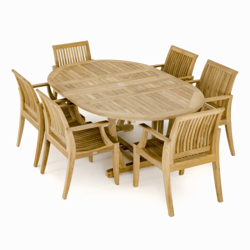 70306 Martinique 7 piece teak Dining Set of oval extendable table and 6 teak armchairs side aerial view on white background