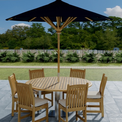 70372 Round Vogue Side Chair Dining Set of Vogue 5 ft Round Table and 6 Veranda Teak Dining Side Chair optional umbrella and cushions on patio with fence and trees in the background