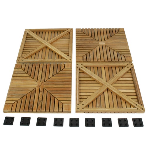 70414 diamond teak tiles showing one carton four tiles with top and bottom views and nine connectors lined across bottom of display