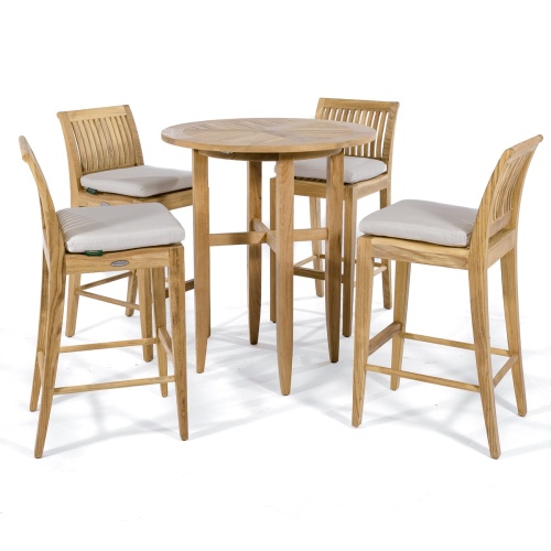 70416 Laguna 5 piece teak High Bar set of four bar stools with optional seat cushions and round 36 inch diameter bar height table on white background