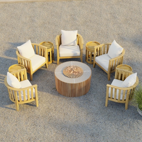 70421 Kafelonia 9 pc Fire Pit Seating Set showing 5 Kafelonia Club Chairs and 4 Side Chairs and Agora Fire Table in aerial view on outdoor patio with grass and ocean in the background  