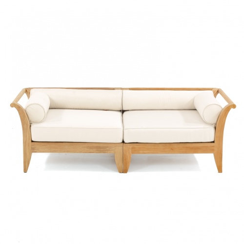 70429 aman dais teak two piece loveseat set showing two corner sectionals with bolsters and cushions front facing on white background