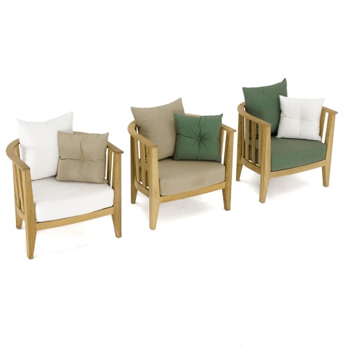 70437 Kafelonia three teak club chairs with cushions and optional throw pillows on white background