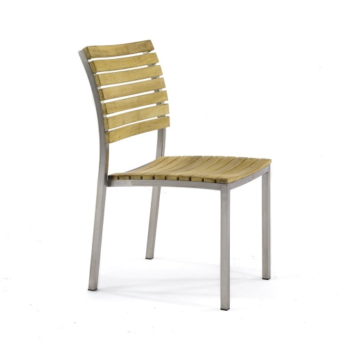 70438 Vogue teak and stainless steel side chair side view angled on white background