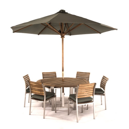 70439 Vogue stainless steel and teak 7 piece round dining set with optional seat cushions and optional opened market umbrella in center aerial view on white background