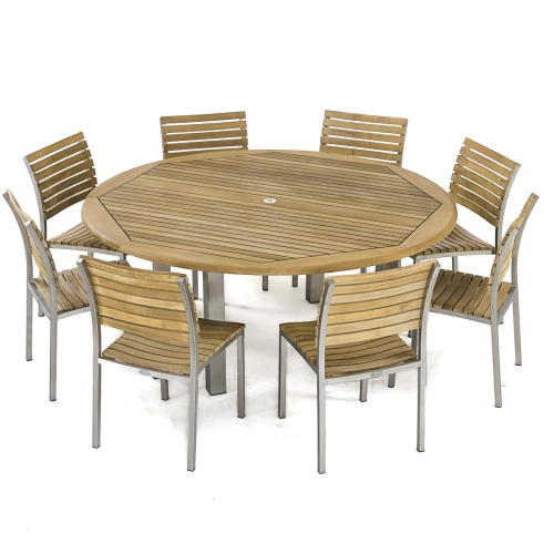 70444 Vogue 9 piece teak and stainless steel Dining Set of 8 side chairs and 72 inch diameter round dining table side aerial view on white background