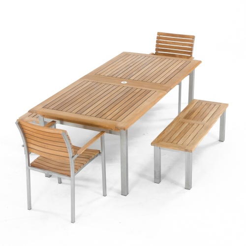 70445 Vogue teak and stainless steel Bench Dining Set angled end view on white background