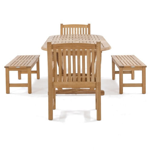 70446 Montserrat 5 piece Picnic Set of 2 Veranda armchairs and 2 Veranda backless benches and Montserrat oval teak extendable table end view on white background