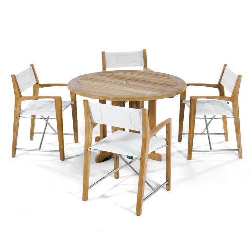 70473 Odyssey Barbuda 5 piece Folding Dining Set of 4 folding director chairs and 48 inch round teak table on white background