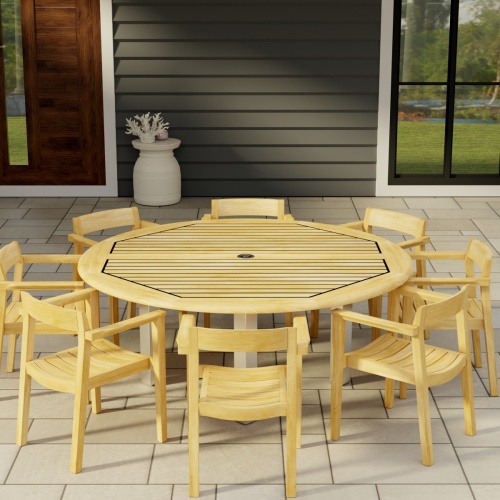 70487 Horizon Vogue Teak Dining Set for 8 of Vogue 6 ft Round Dining Table and 8 Horizon Dining Chairs angled aerial view on tiled patio with door and window in the background 