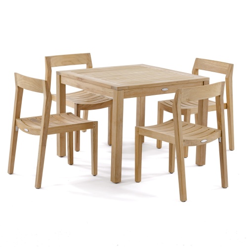70494 Horizon 5 piece Teak Dining Set of 4 teak side chairs and a 36 inch square teak dining table angled view on white background