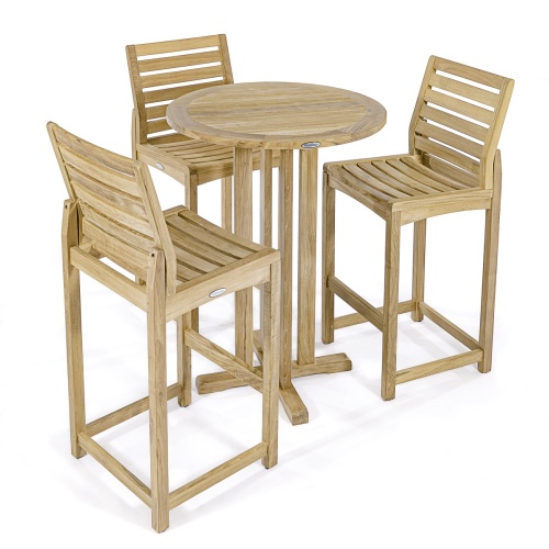 70502 Somerset 4 piece teak Bistro Bar Set of 3 barstools and Bar Table aerial view on white background
