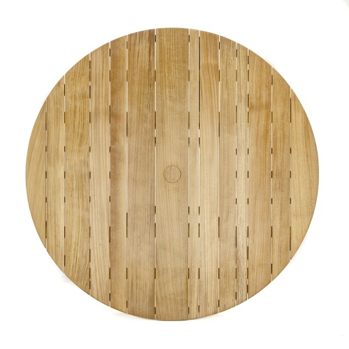 70542 Surf 42 inch round teak dining table side aerial view of table top on white background