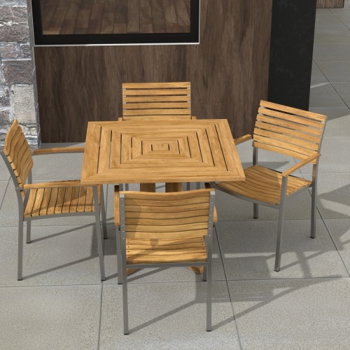 70575 Vogue Pyramid 5pc Dining Set in angled aerial view of table top on patio with a window in background