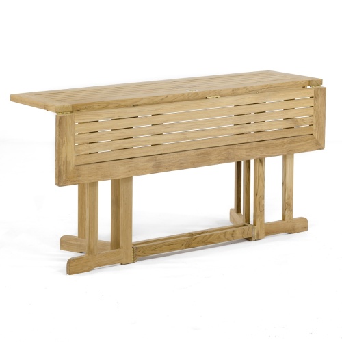  70606 Vogue Nevis teak rectangular dining table showing one side folded down angled side view on white background