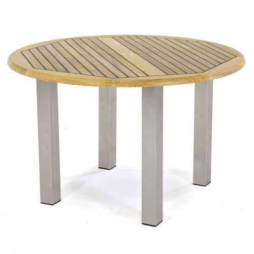 70625 Vogue teak and stainless steel Round 48 inch diameter dining table angled on white background