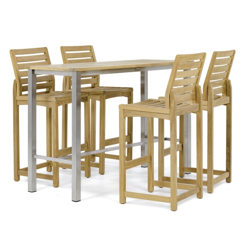70631 Somerset Vogue 5 piece Rectangular Pub Barstool Set of a rectangular teak and stainless steel Bar Table and 4 teak side barstools end angled on white background 