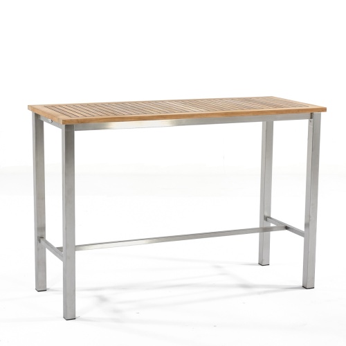 70633 Vogue teak and stainless steel 5 foot long rectangle bar table angled side view on white background