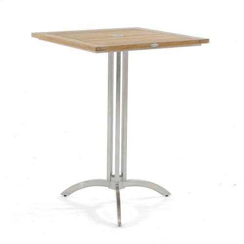 70636 Somerset Vogue 30 inch square teak and stainless steel bar table corner side view on white background 