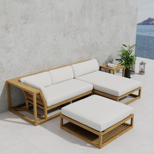 70658 Maya 4pc Lounge Set of Maya Right Side and Daybed Sectionals and Ottoman Coffee Table and Side Table  on patio against a wall with potted plant and ocean background