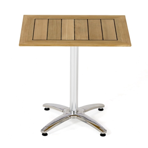 70672 Vogue rectangular teak and stainless steel bistro table side view on white background