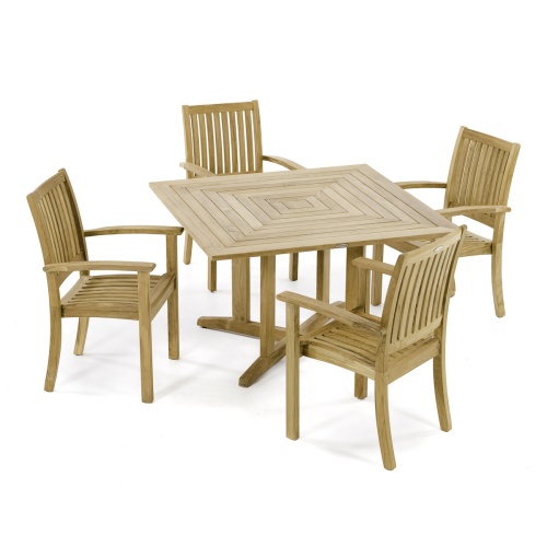 70685 Sussex Pyramid 5 piece Dining Set of 4 teak armchairs and a 48 inch square dining table angled aerial view on white background