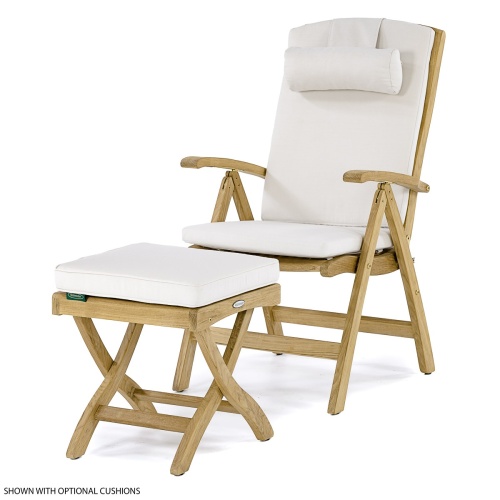 70706 Barbuda teak reclining armchair and ottoman with optional cushions angled front view on white background