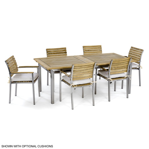 70756 Vogue teak and stainless steel 7 piece Armchair Dining Set of rectangular extendable dining table and 6 armchairs with optional seat cushions angled view on white background