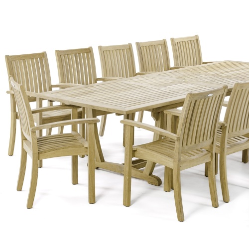 Sussex Veranda teak 13 piece dining set of 12 armchairs and rectangular extension dining table angled on white background