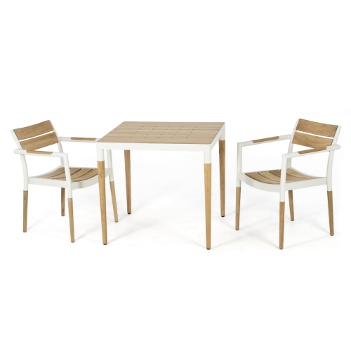 70761 Bloom 3 pc Dining Set of 2 teak and powdered coated aluminum armchairs and a 36 inch square bistro dining table with teak top on white background