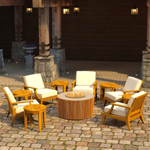 70784 Agora Fire Table Laguna 11 pc Set  of 5 Laguna Chairs and 5 Side Tales around a  Agora Fire Table in angled side view on paver patio with house in background