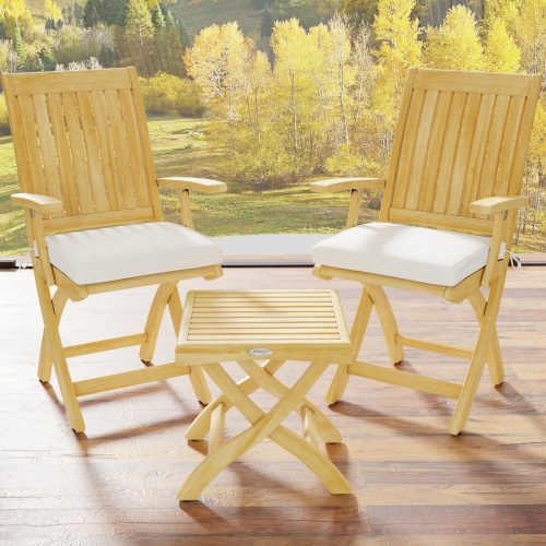 70798 Barbuda 3 piece Teak Chat Set of 2 Barbuda Folding Armchairs and a folding teak side table ottoman folded flat for storage on white background