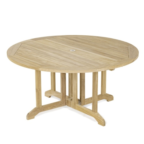  70847 Barbuda Horizon 5 foot round teak folding drop leaf dining table angled view of table top on white background