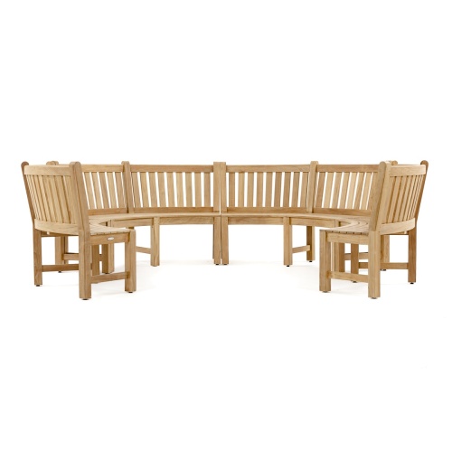 70862 Buckingham teak 6ft curved bench set of 4 together in 3 quarter circle side view on white background