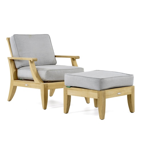 70707 Laguna deep seating teak chair and ottoman set with cushions angled on a white background