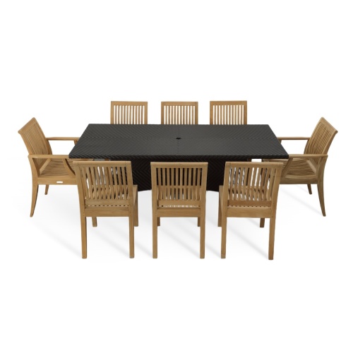 70294 Laguna Valencia 9 piece teak Dining Set of 2 Laguna dining chairs and 6 Laguna dining side chairs and Valencia synthetic wicker 79 inch rectangular table side view on white background